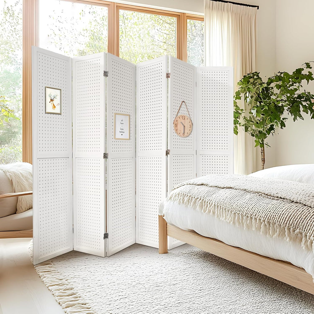 6 Panel Room Dividers 5.6FT Wall Divider with Freestanding Peg Board Display Wooden Folding Privacy Screen Foldable Partition Wall for Studio Apartment, Living Room, White