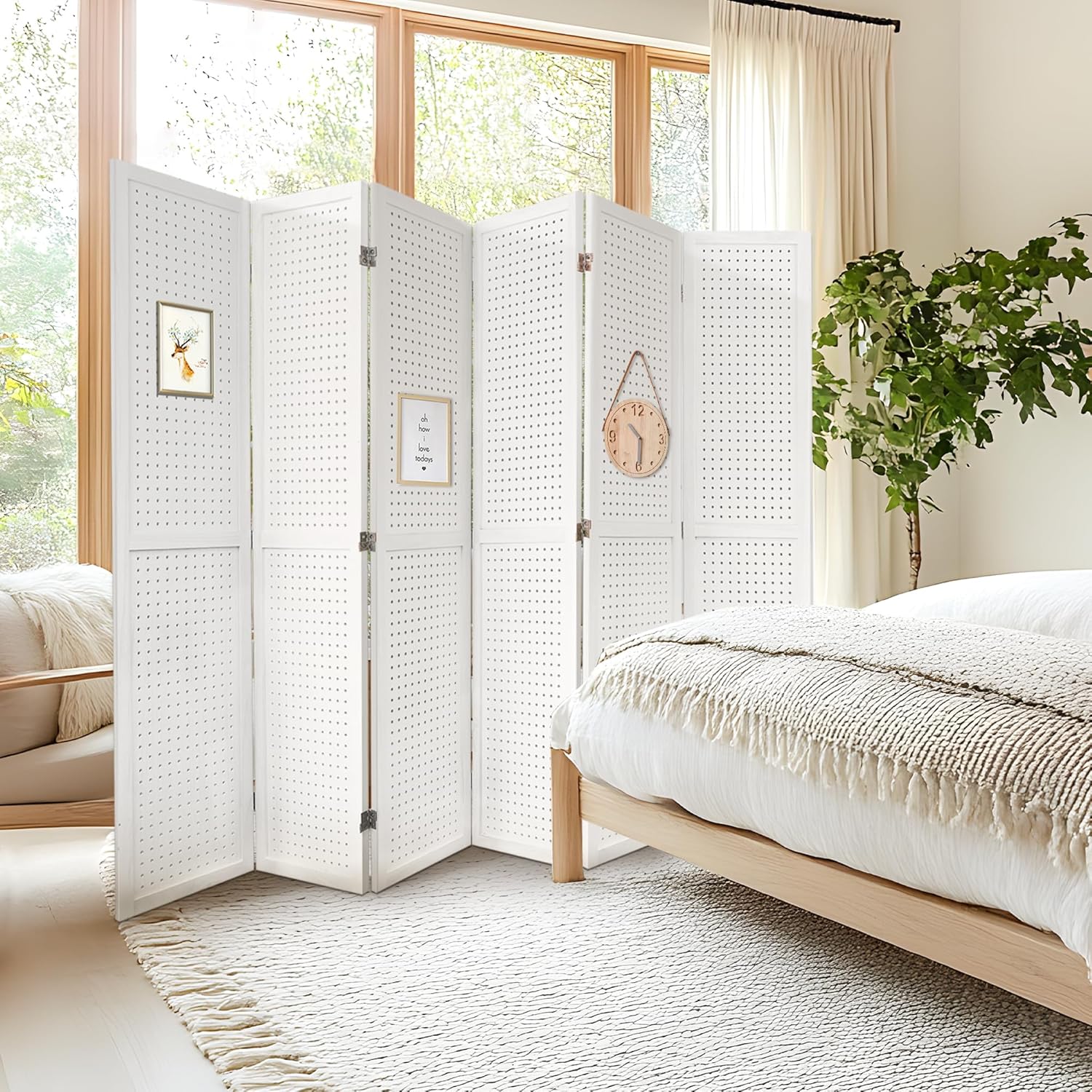 6 Panel Room Dividers 5.6FT Wall Divider with Freestanding Peg Board Display Wooden Folding Privacy Screen Foldable Partition Wall for Studio Apartment, Living Room, White