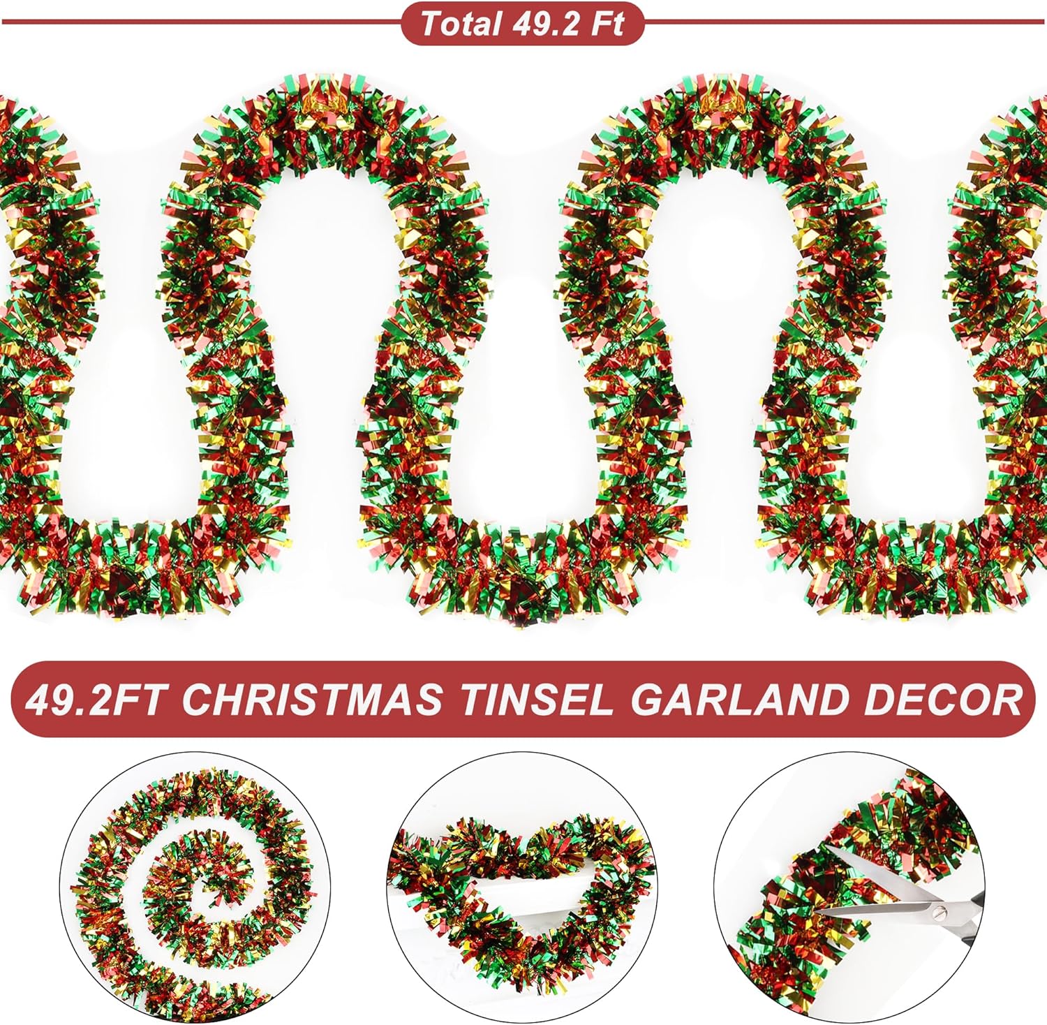 50 Feet Green Red Gold Christmas Tinsel Garland Metallic Twist Shiny Hanging Garland for Christmas Tree Decorations Xmas Holiday Decor for Home Indoor Outdoor Party Supplies (Green Red Gold)