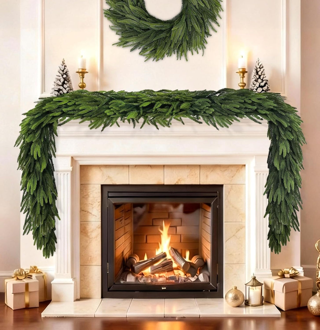 9 Ft Extra Full Christmas Garland Delux Real Touch Norfolk Pine Garland Christmas Decorations Lush Realistic Greenery Garlands for Mantle, Table, Stair, Railing, Fireplace Indoor Outdoor Holiday Decor