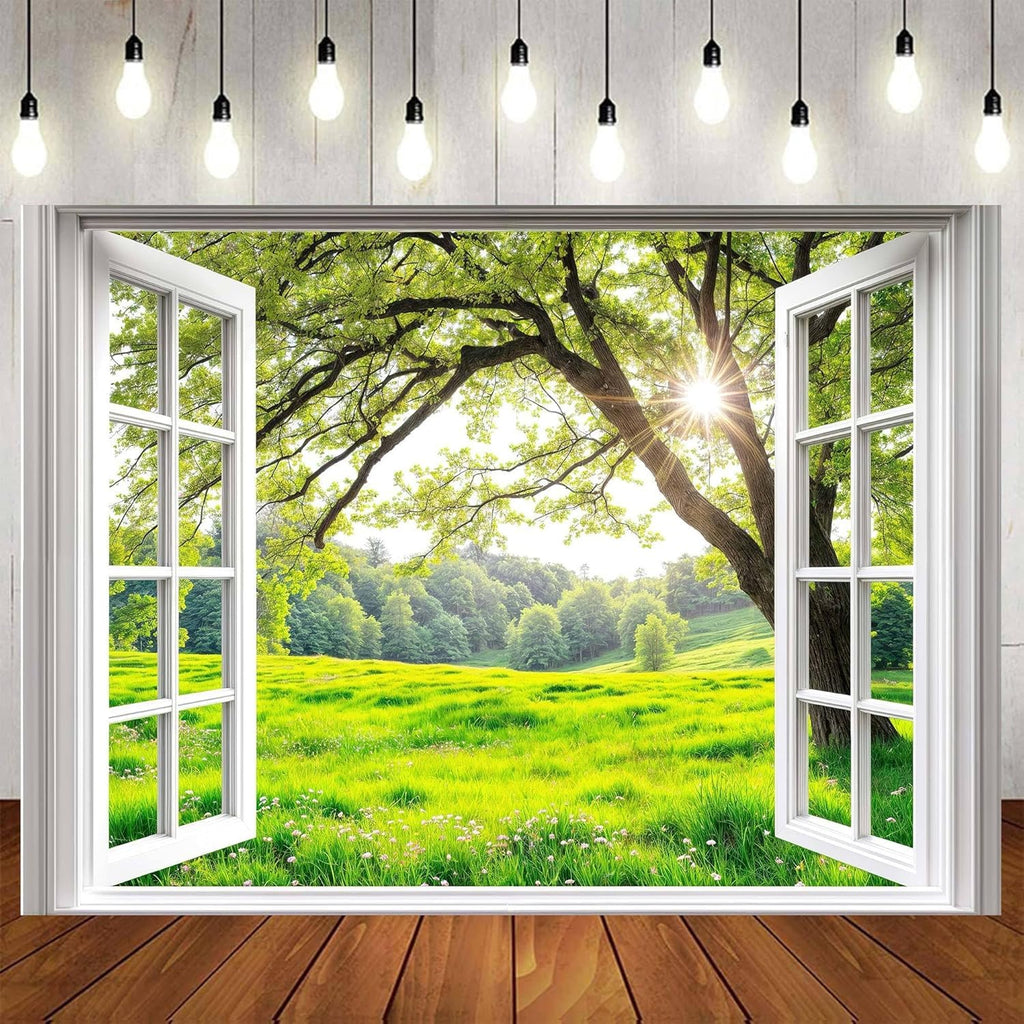 5 x 3 ft Spring Tree Window Backdrop Sunshine White Windowsill Floral Scenery Photography Background Forest Green Grass Natural Newborn Birthday Party Banner Decorations