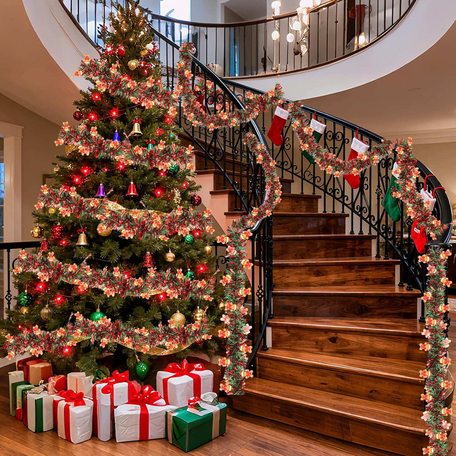 50 FT Christmas Tinsel Garland Christmas Decorations with Gingerbread Man Ornament, Red Green Shiny Metallic Twist Christmas Garland for Xmas Tree Home Mantle Stairs Indoor Outdoor Holiday Party Decor