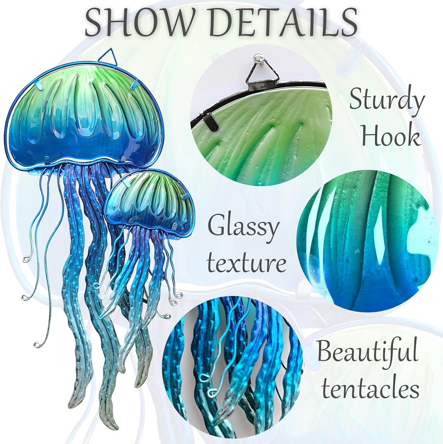 JOYBee Ocean Jellyfish Wall Art Decor-Sea Life Nautical Home Hanging Decor-Glass&Metal Jellyfish Decoration for Pool,Beach,Patio,Living Room,Bathroom,Boat, Coastal Decorations(17inch)
