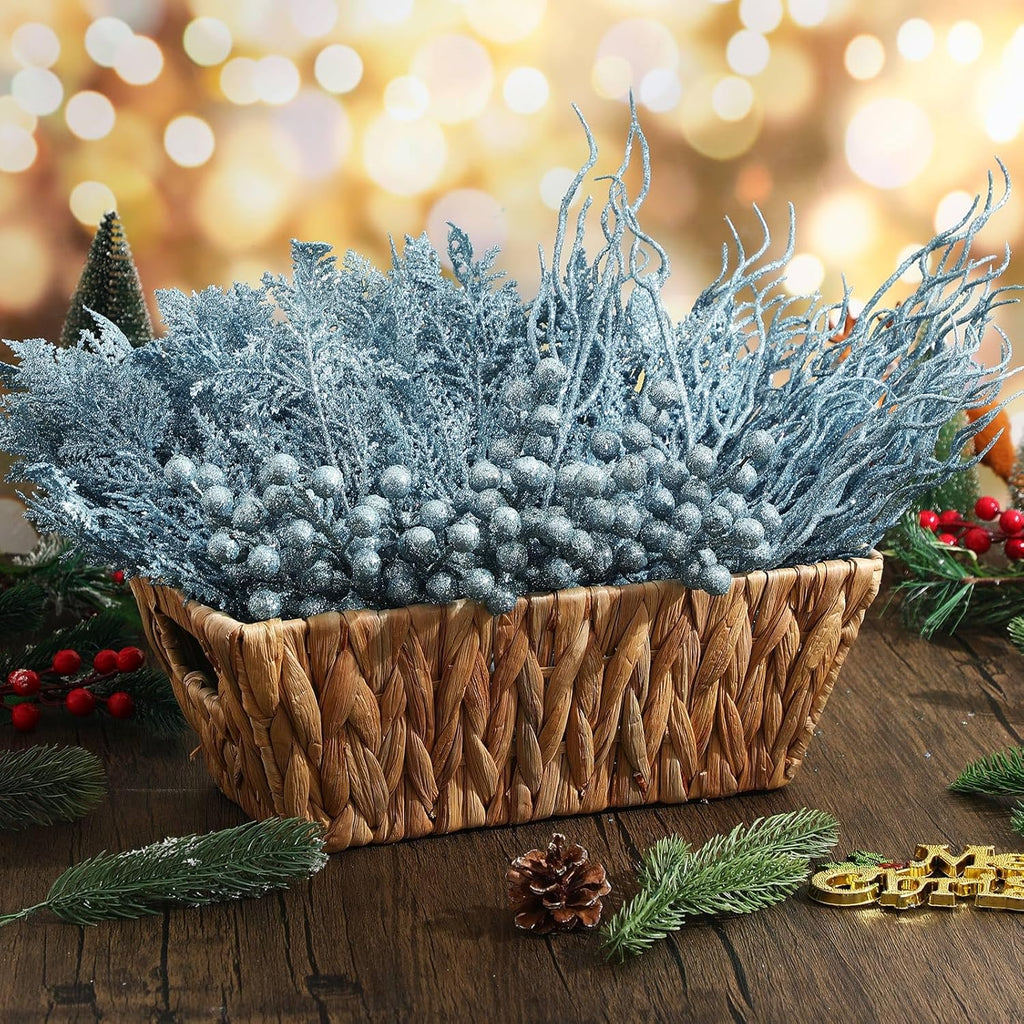 75 Pcs Christmas Glitter Branches 3 Styles Artificial Christmas Picks Berries Stems Pine Needles Floral Twig Spray for Xmas Tree Ornaments DIY Wreath Garland(Lake Blue)