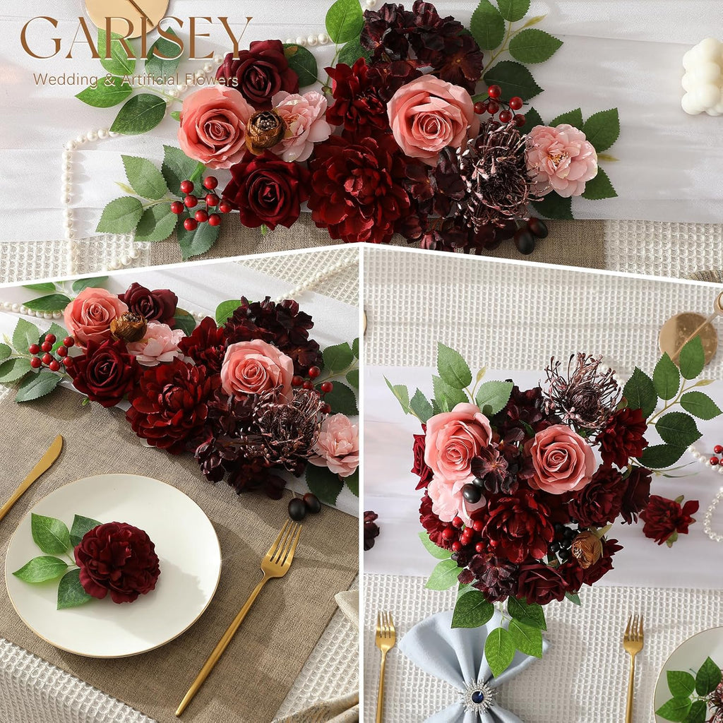 Artificial Flowers Combo Box Set Burgundy Silk Flowers for DIY Wedding Bouquet Arrangements Bridal Shower Party Home Decorations (Mature Burgundy)