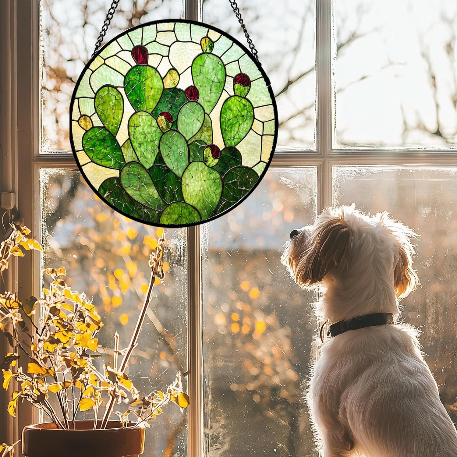 Stained Glass Window Hanging - Green Plants Cactus Suncatcher for Doors Garden Patio Sun Catchers Decor Christmas Mother's Day Birthday Gifts for Women Men Mom Nana Friend Wife 11.8 in