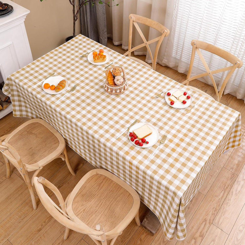 Heavy Duty Vinyl Tablecloth with Flannel Backing Waterproof Oil-Proof Plastic Table Cloth Stain-Resistant Wipeable Rectangle or Square Table Cover for Indoor and Outdoor (Khaki Checkered, 60x84 Inch)
