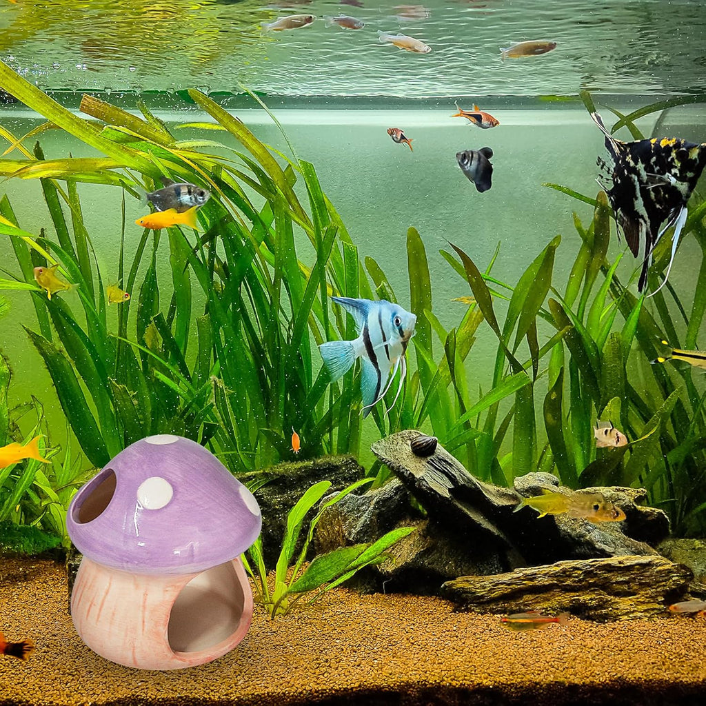 Mushroom Fish Tank Decor, Ceramics Aquarium Shrimp Cave, Betta Hideout Decoration, Cottage Ornament Goldfishes Pleco Cave for Fish Tank Landscape Hideaway Spawning Decor - Purple