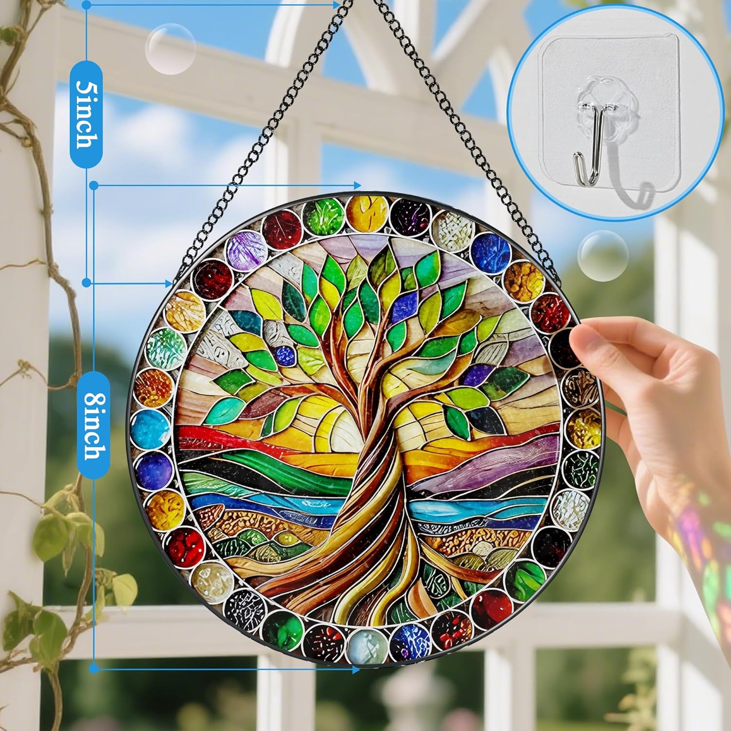 8-Inch Colorful Tree of Life Stained Glass Suncatcher & Ornament – Stained Glass Window Hanging & Decor, Sun Catchers for Windows Indoor, Gifts for Women, Gifts for Christmas, Housewarming Gift