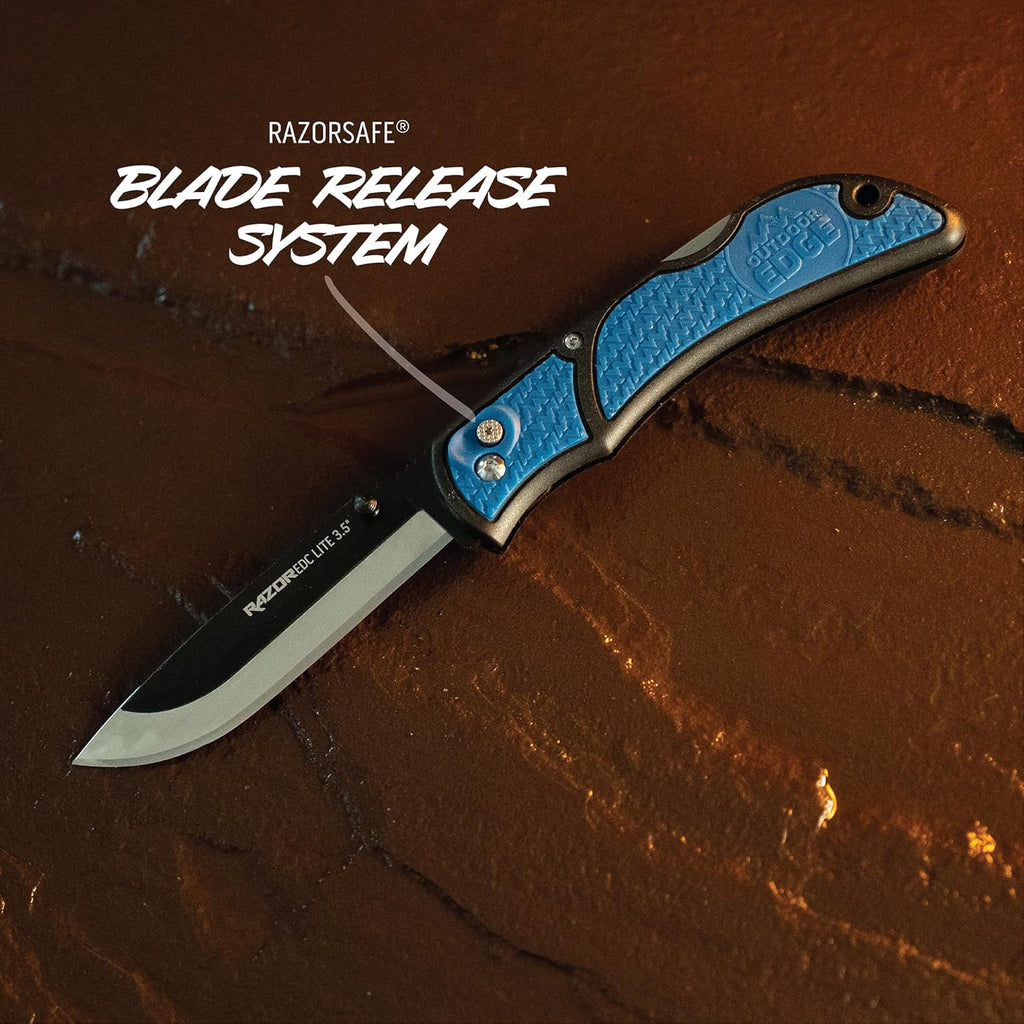 OUTDOOR EDGE 3.5" RazorLite EDC Knife. Pocket Knife with Replaceable Blades and Clip. Perfect For Hunting & Skinning Deer. Blue with 6 Blades