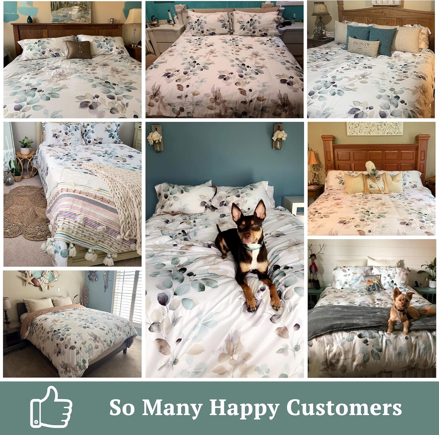 MILDLY 100% Long-Staple Cotton Duvet Cover Set Teal Blue Green Leaf Pattern Printed Comforter Cover 3pcs, Ultra Soft & Breathable Bedding Set