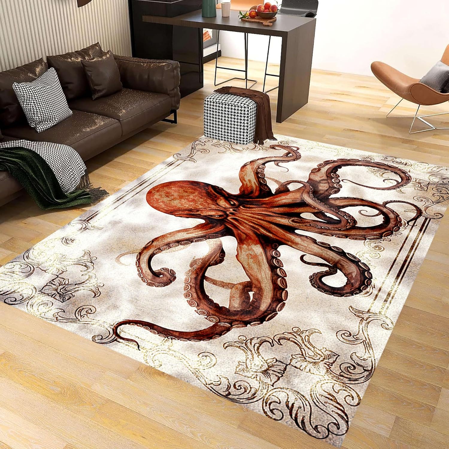 Octopus Area Rugs, 5x7ft, Vintage Ocean Octopus Print Indoor Throw Rug, Fade Resistant Durable No Crease Carpet, Rubber Backed Anti-Slip Printed Carpets for Bedside Dining Table