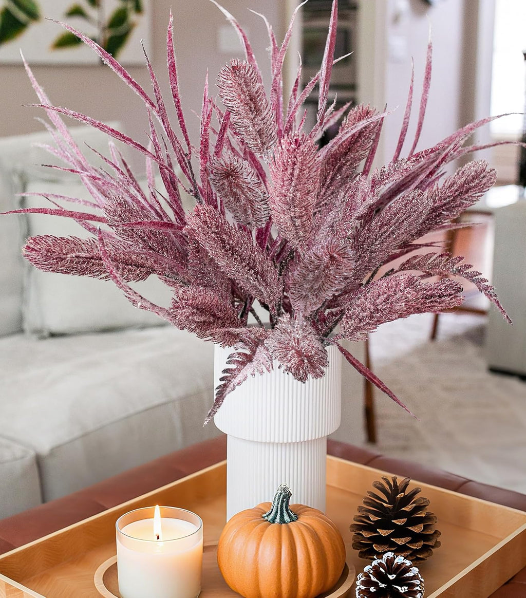7 PCS Christmas Stems for Vases, 26 in Faux Stems Fake Plants Winter Stem Greenery Branches Fake Leaves Faux Foliage for DIY Craft Garland Home Kitchen Office Indoor Centerpiece Table Decor, Purple