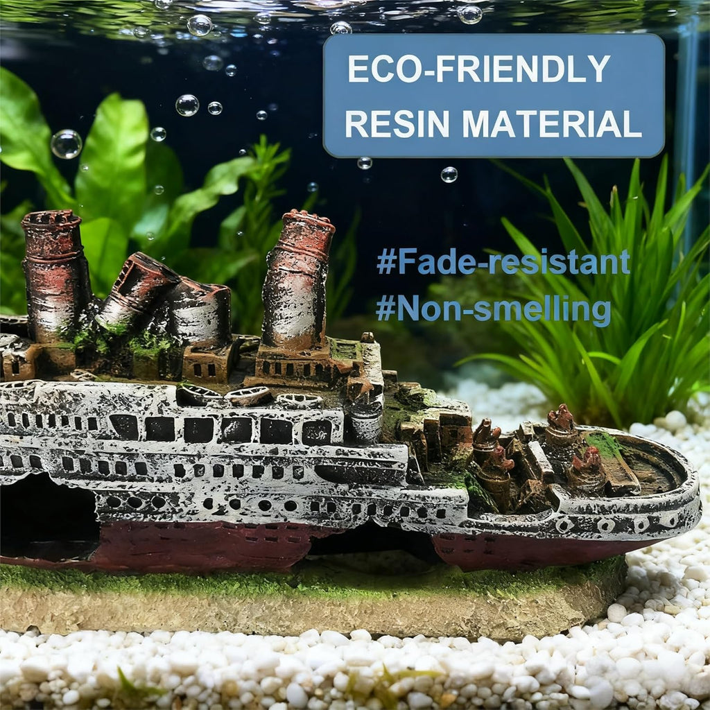 Aquarium Titanic Sunken Ship Decor, Resin Pirate Shipwreck Ornament, Fun Underwater Hideout for Fish & Tank Landscaping (Full Version)