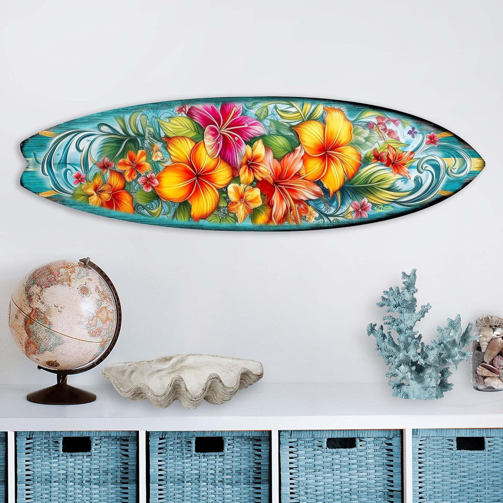 24-inch Hawaiian Flowers Surfboard Wall Art, Handcrafted Coastal Holiday Décor by G. Debrekht