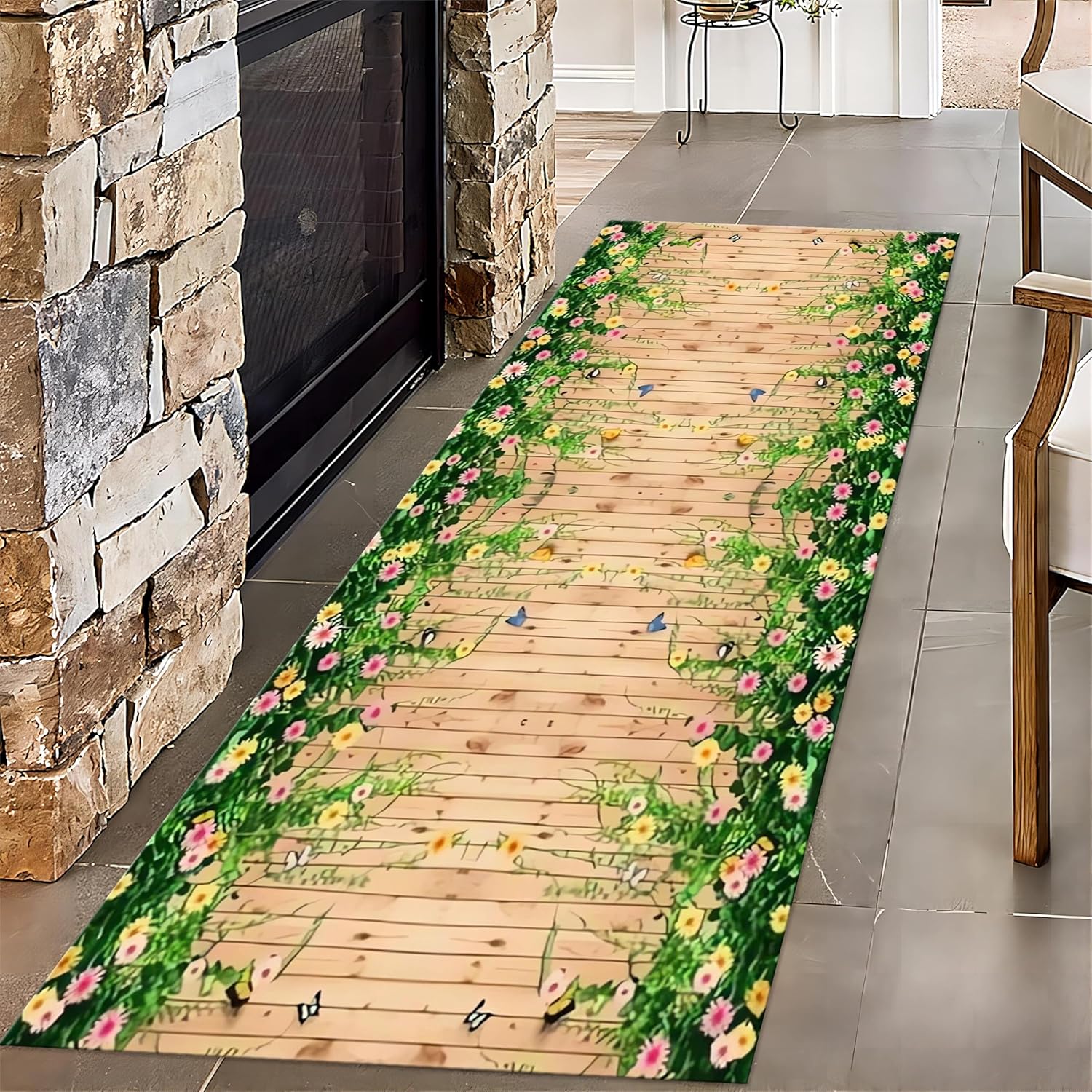 3D Grassland Long Hallway Rug Runners, 3.3x10ft, Park Butterfly Flower Entryway Mat, Low Pile Non-Shedding Easy Clean Fade Resistant with Non Slip Backing Mats for Indoor Bedside Sofa