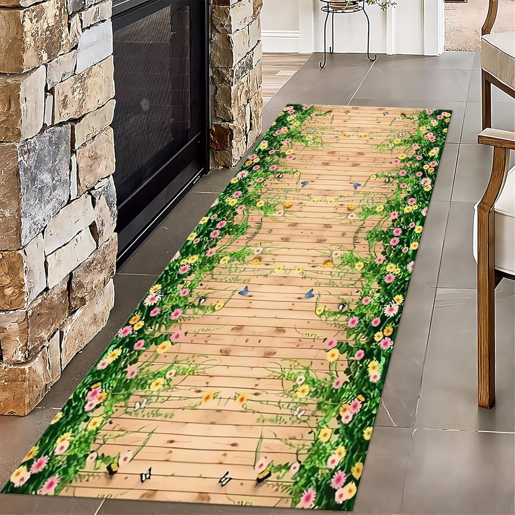 3D Grassland Long Hallway Rug Runners, 4x10ft, Park Butterfly Flower Entryway Mat, Low Pile Non-Shedding Easy Clean Fade Resistant with Non Slip Backing Mats for Indoor Bedside Sofa