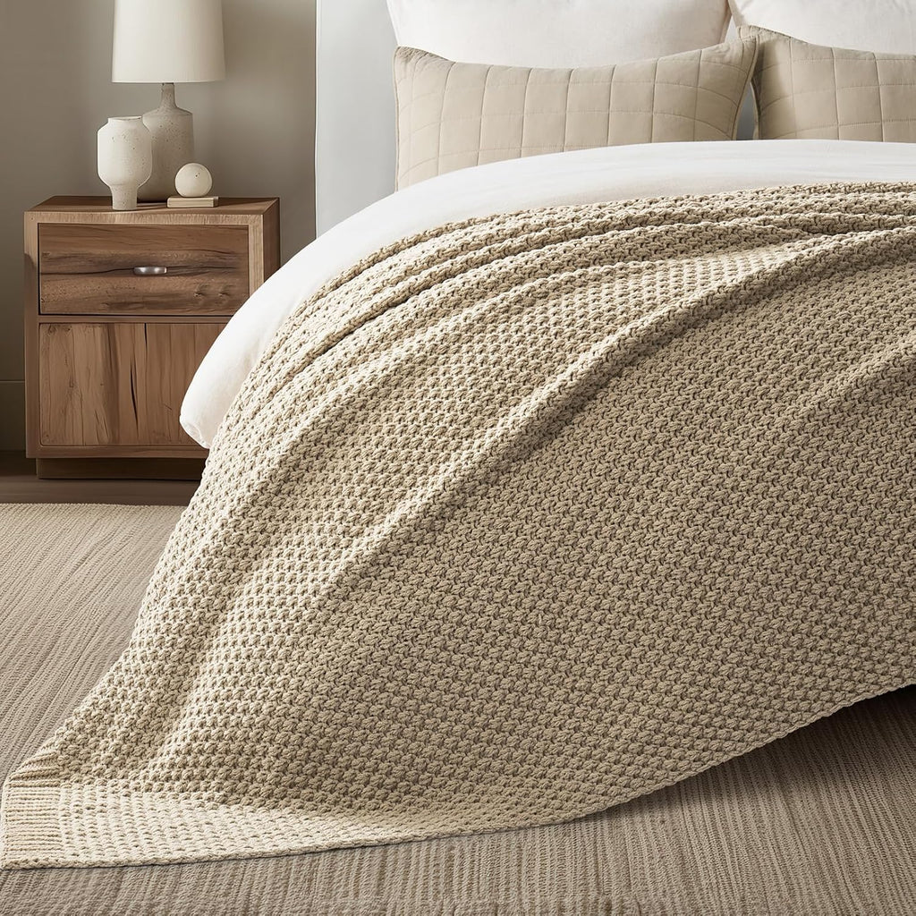 EVERGRACEHOME Chunky Chenille Knit Throw Blanket for Couch, Soft Luxurious Oversized Queen Moss Stitch Blanket for Bed, Large Cozy Farmhouse Knitted Throw for Sofa, Sand Dune, 90" x 90"