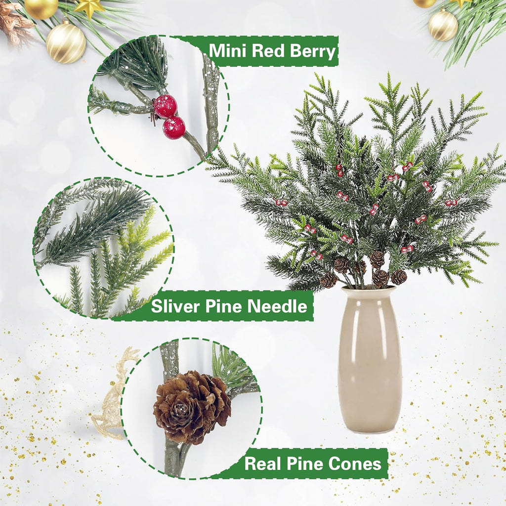 6 Pack Pine Branches with Red Berry, Sliver Christmas Stems for Vases, Artificial Floral Picks for Xmas Indoor Winter Holiday Decor,20 Inch