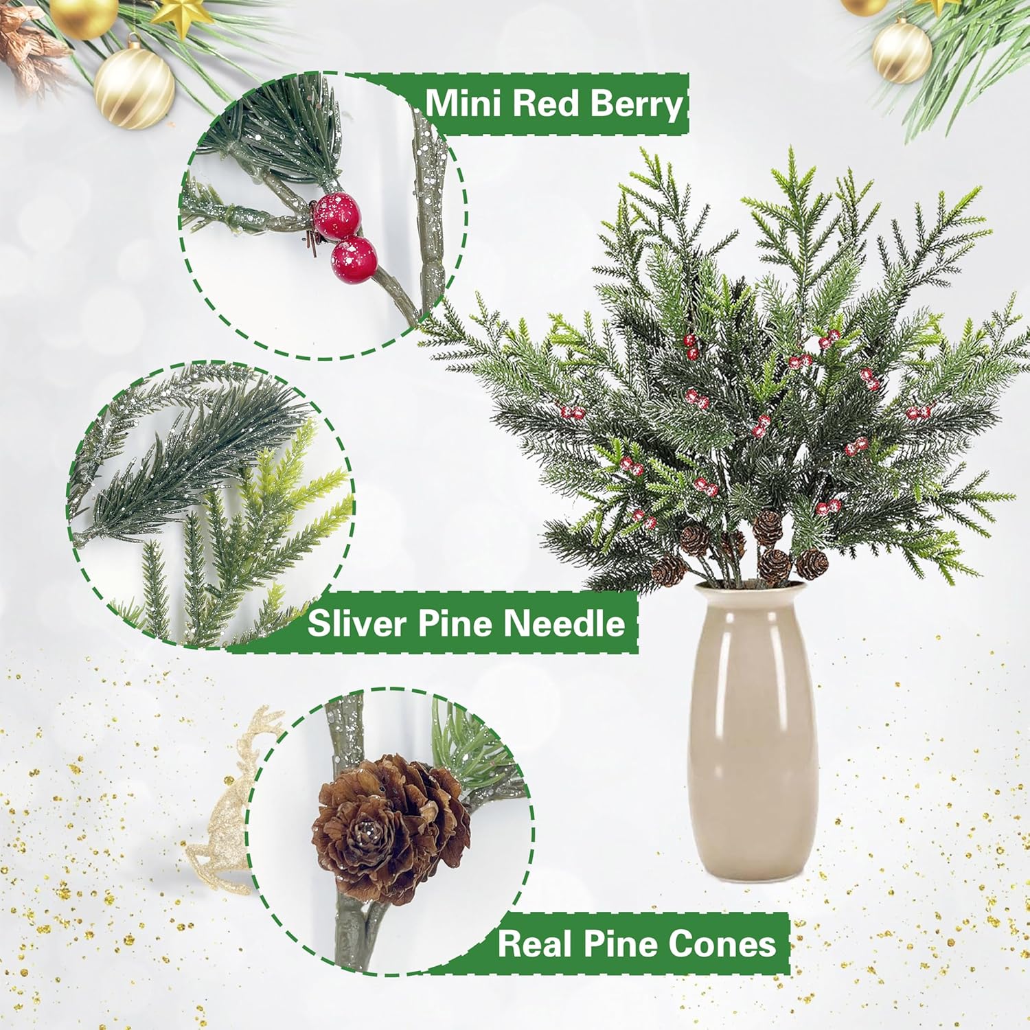 6 Pack Pine Branches with Red Berry, Sliver Christmas Stems for Vases, Artificial Floral Picks for Xmas Indoor Winter Holiday Decor,20 Inch