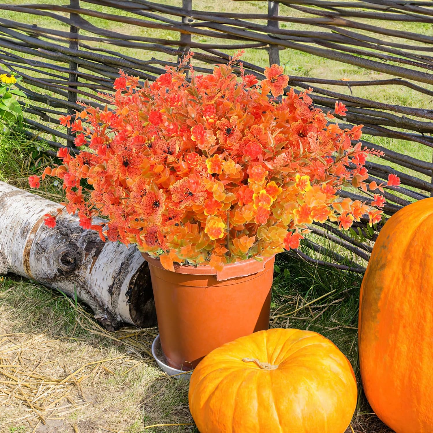 AmyHomie 16 Bundles Mix Orange Artificial Fall Flowers for Outdoor Fall Decor UV Resistant Fake Mums No Fade Fake Plastic Plants Garden Porch Window Box Decorating