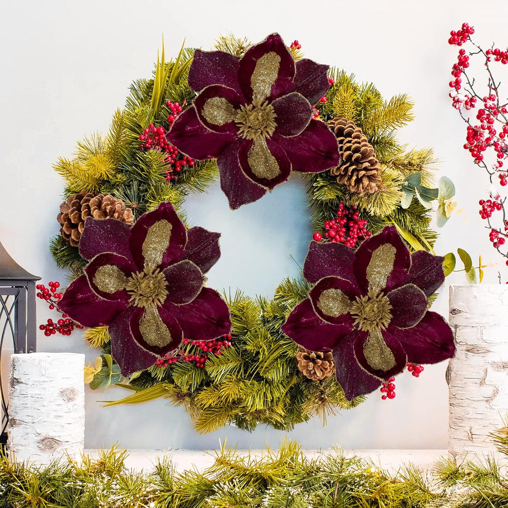 Briful 10’’ Large Heads Christmas Glitter Magnolia Flowers Christmas Tree Ornaments Set of 3 Artificial Flowers with Picks Stems for Xmas Tree Holiday Decorations, Burgundy