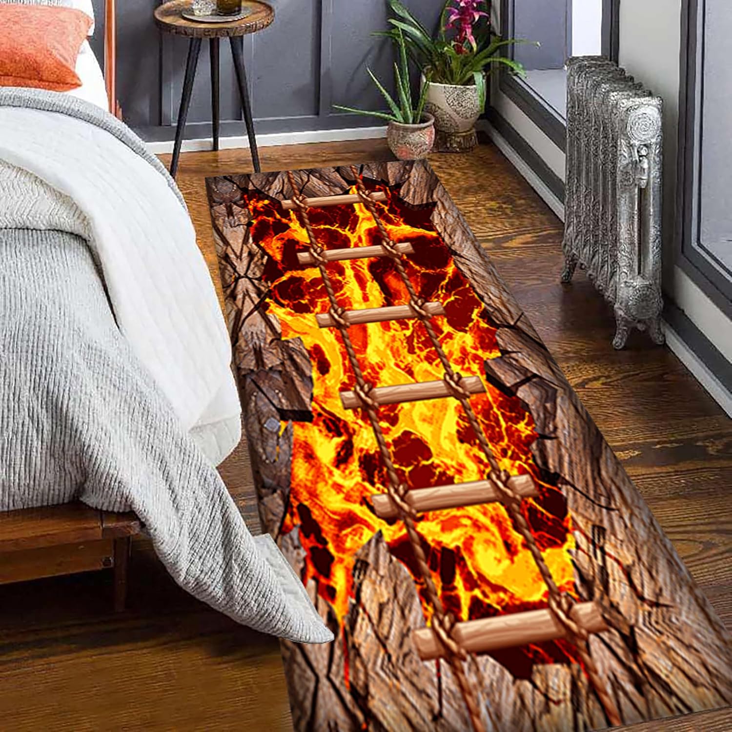 3D Optical Illusion Volcano Hallway Rug, 1.3x7ft, Crater Lava Texture Rock Suspension Bridge Fun Sensation of Falling Runner Rug, Low Pile Thin Foldable Carpets for Patio Nursery Entrance