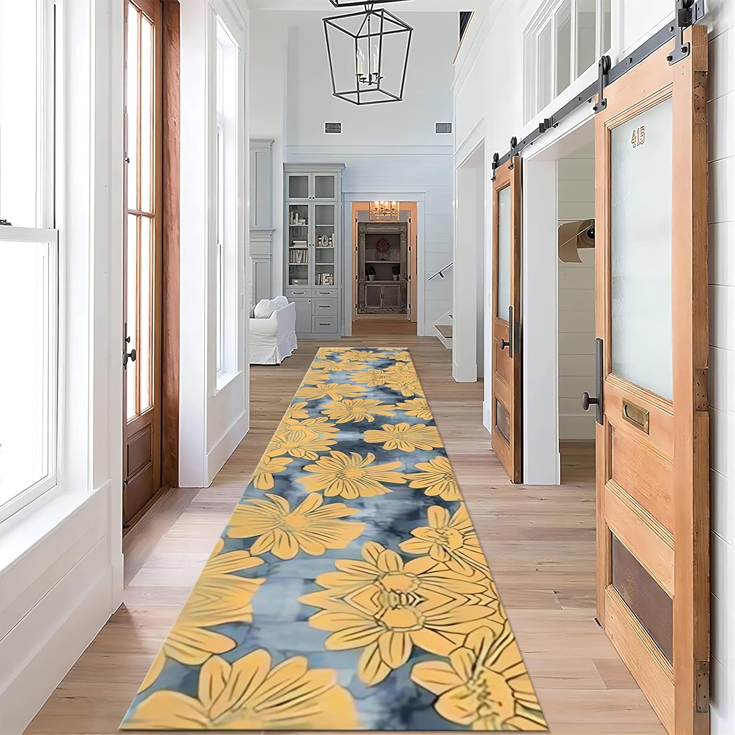 Yellow Chrysanthemum Long Hallway Rug Runners, 4x12ft, Modern Yellow Gray Print Carpets, Cozy Washable Durable Runner Rug, Non Skid Absorbent Non-Shedding Rugs for Family Entrance