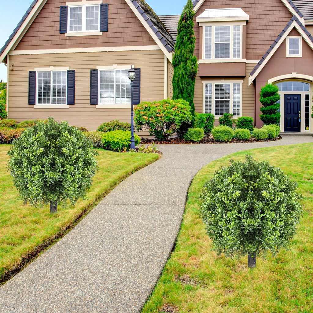 2 Pcs Artificial Boxwood Topiary Ball Bush 26" Tree UV Resistant with Spike Easy to Push in The Ground Fake Boxwood Plants Faux Greenery Shrubs for Indoor Outdoor Home Garden (Light Green)