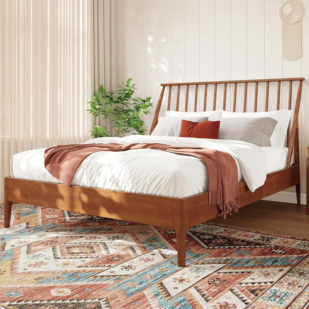 Merax Queen Size Bamboo Wood Bed Frame with 46.5" Tall Headboard, Bohemian Spindle Platform Bed with Wood Slat, Heavy Duty Steel Center Beam for Support, Under Bed Storage, No Box Spring Needed, Brown