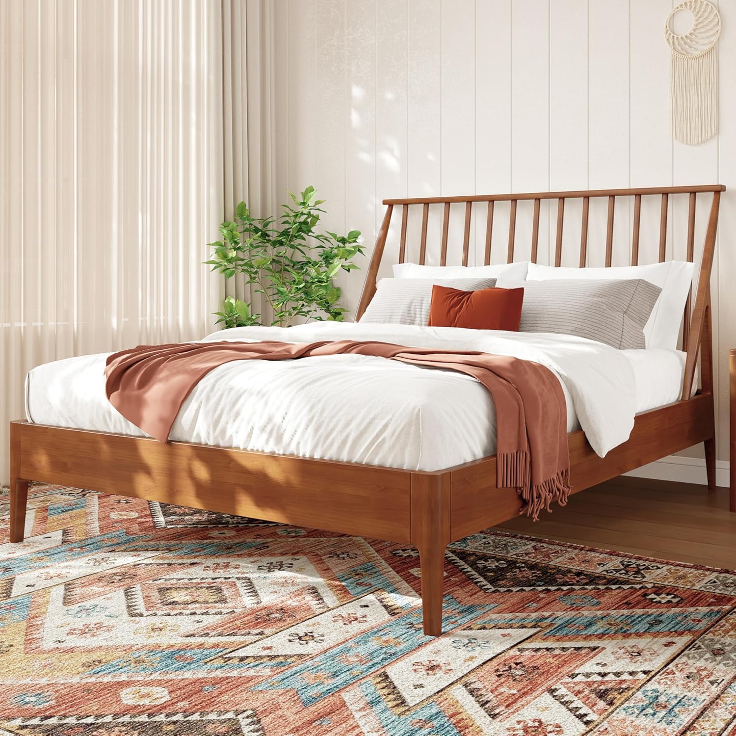 Merax Queen Size Bamboo Wood Bed Frame with 46.5" Tall Headboard, Bohemian Spindle Platform Bed with Wood Slat, Heavy Duty Steel Center Beam for Support, Under Bed Storage, No Box Spring Needed, Brown