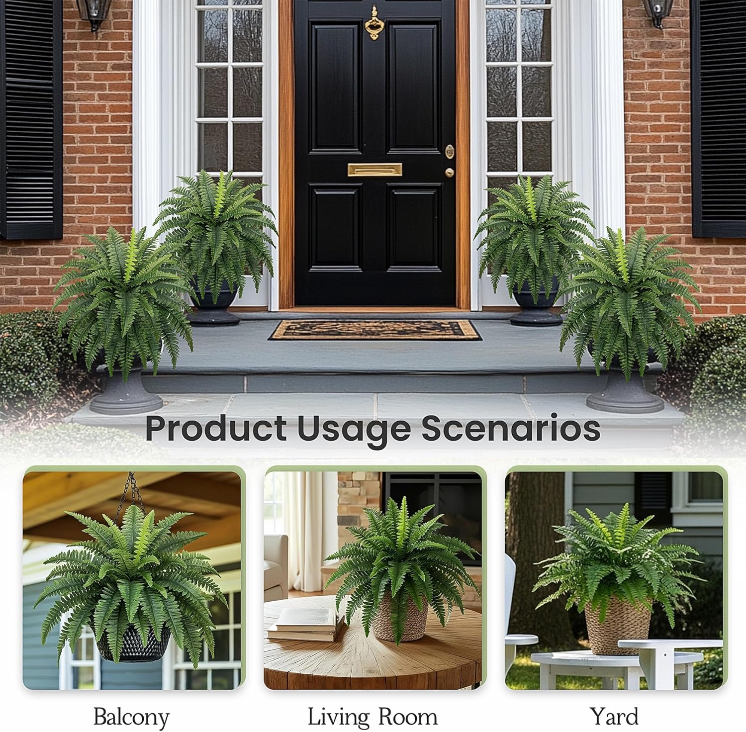 Fake Ferns, 35IN Large Fake Bush Plants, 2 Articial Boston Ferns with 39 Fronds for Outdoor Hanging Planter Garden Porch Entrance Home Decor