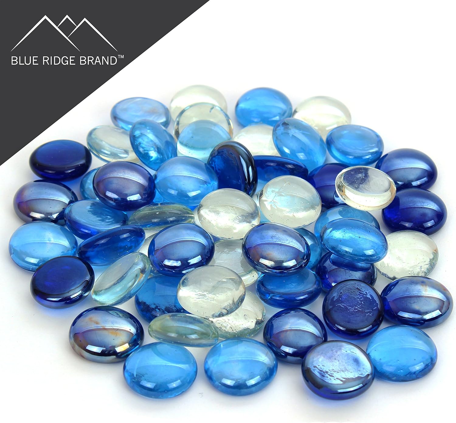 Reflective Fire Pit Glass Beads - Professional Grade Fire Glass for Fire Pit - 3/4" Firepit Glass Rock - Glass Stones - Gas Fireplace Glass (10 Pound, Dark Blue, Light Blue, Clear)