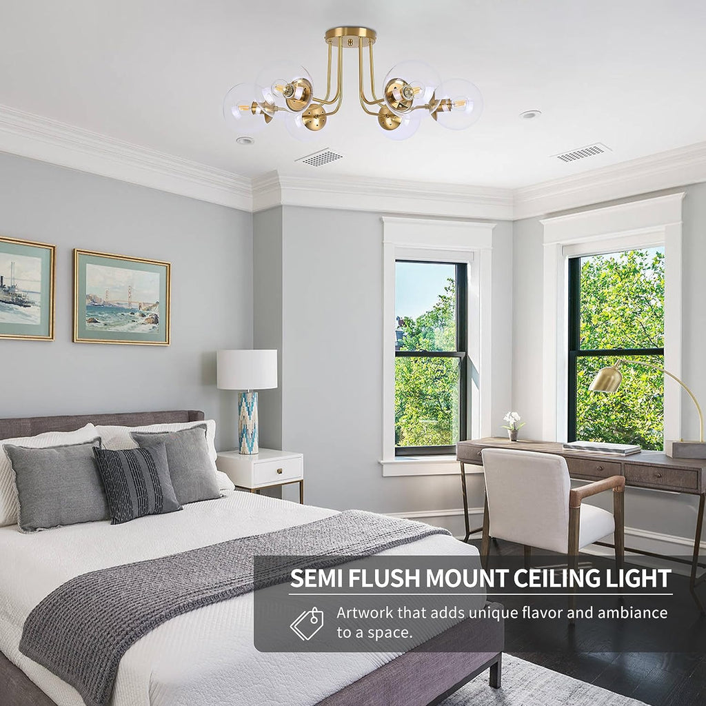 KoKo&Yukina 6-Light Mid Century Ceiling Light Modern Semi Flush Mount Ceiling Light Fixture Globe Ceiling Light with Clear Glass Shade Brushed Brass Finish for Bedroom Hallway Dining Room Living Room