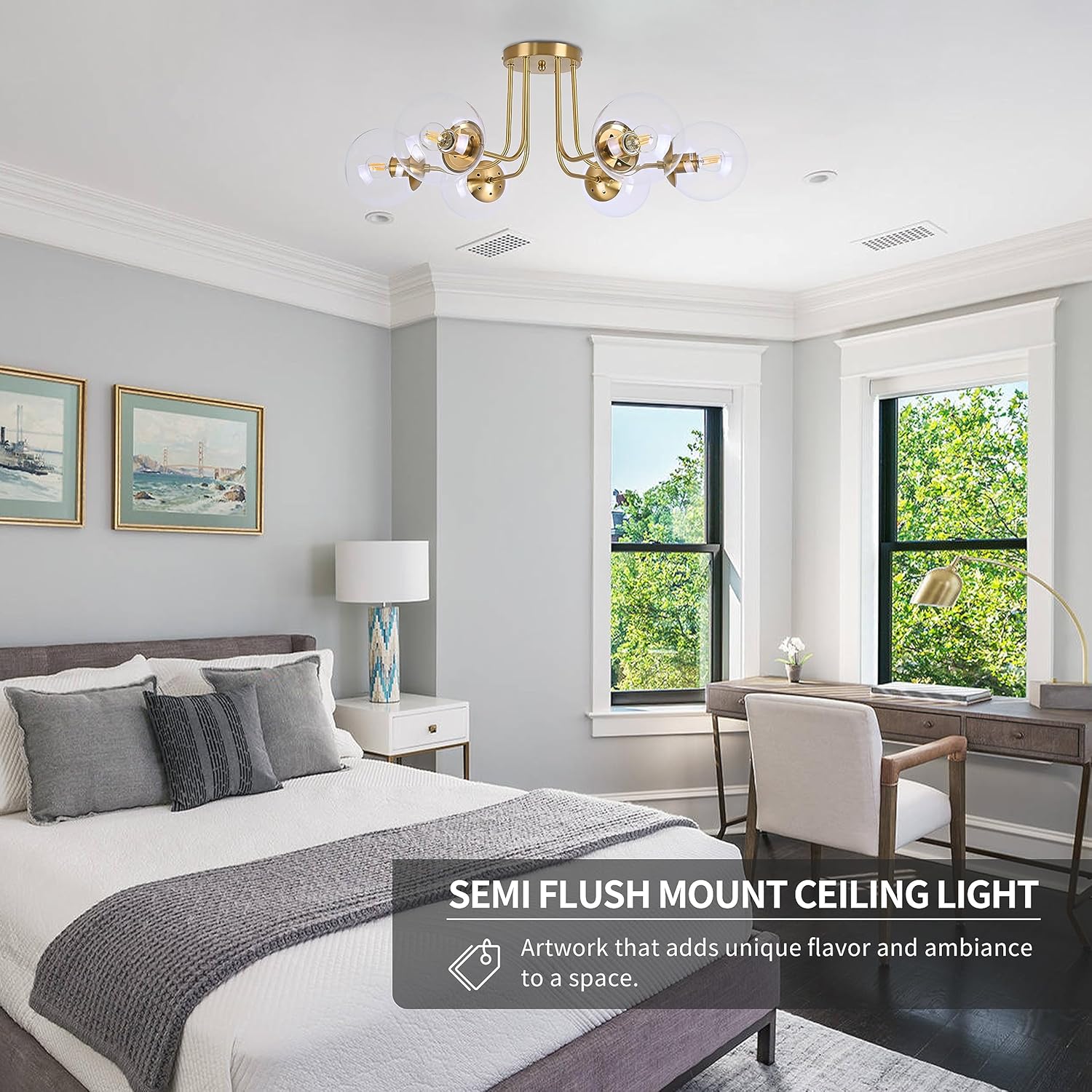 KoKo&Yukina 6-Light Mid Century Ceiling Light Modern Semi Flush Mount Ceiling Light Fixture Globe Ceiling Light with Clear Glass Shade Brushed Brass Finish for Bedroom Hallway Dining Room Living Room