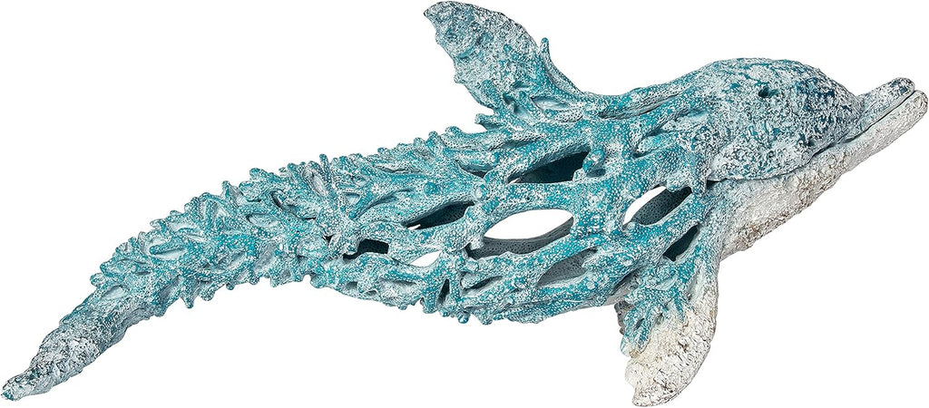 Coral Reef Dolphin Sculpture – 20" Turquoise Polystone Coastal Ocean Decor | Nautical Coral Look Dolphin Figurine for Beach House, Shelf, Mantel, or Tabletop Display
