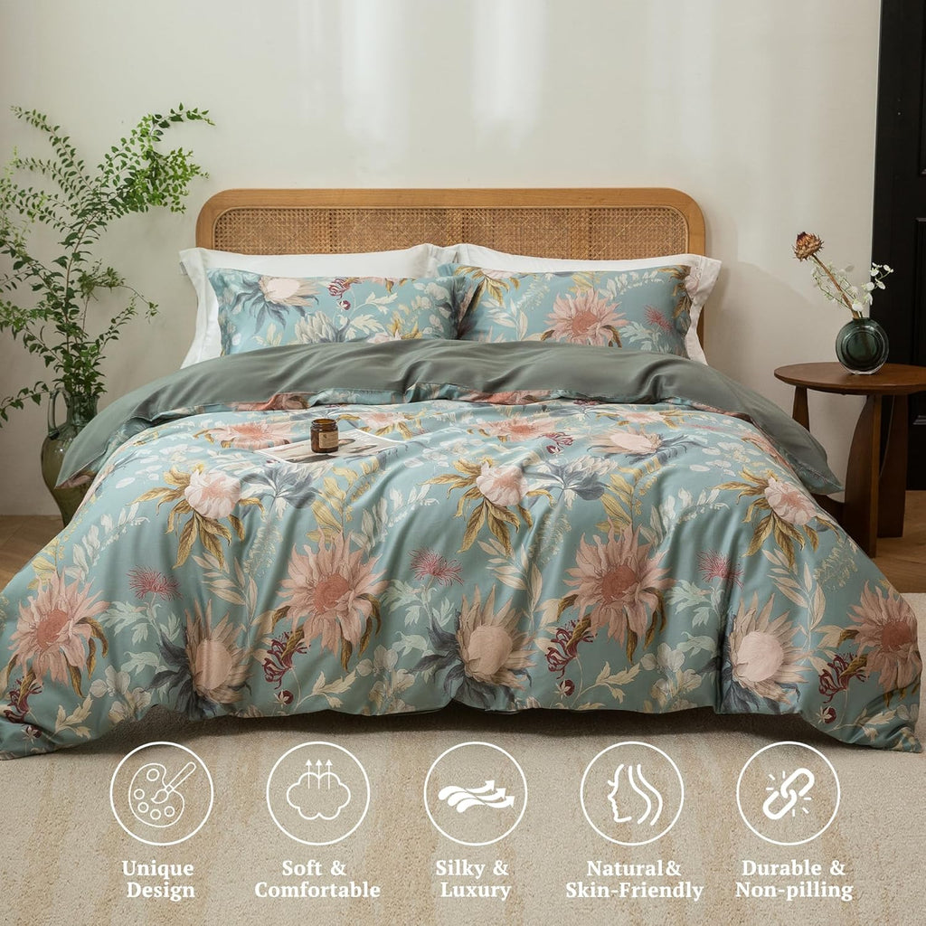 MILDLY King Size Duvet Cover Set 100% Long-Staple Cotton Luxury Vintage Floral Patten Reversible Comforter Cover Set 3Pcs