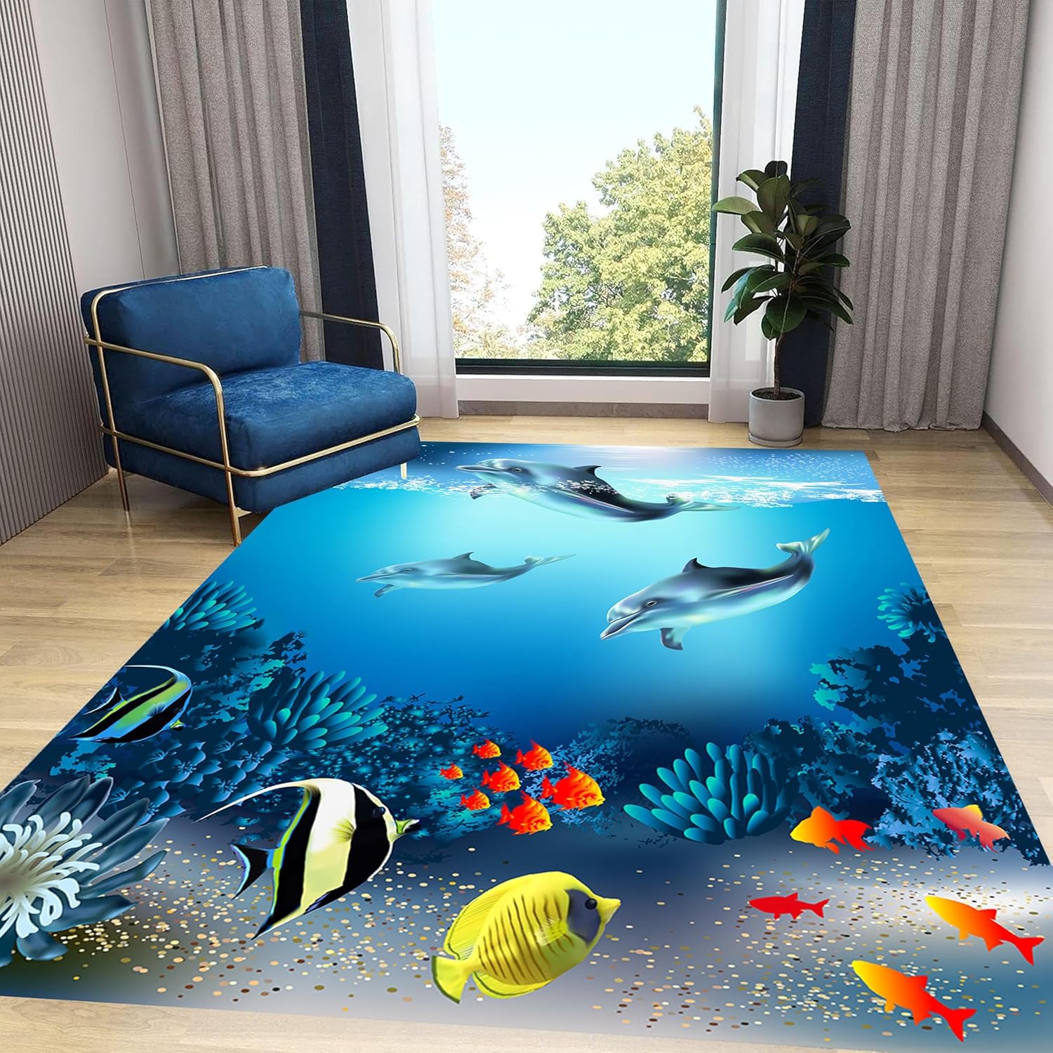 Sea Dolphin Indoor Area Mat, 4x5ft, Ocean Beach Coral Fish Bathroom Rug, Blue Ocean Theme Reduce Noise Home Decor Mat, Nursery Decor Washable Nonskid Carpet for Office Floor Sofa