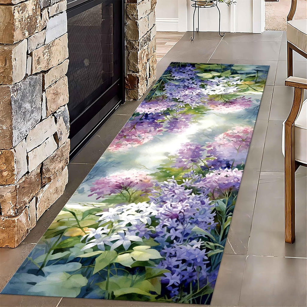 Floral Landscape Runner Rug, 2.6x10ft, Stereoscopic Floral Purple Violet Hydrangea Green Leaf Plants 3D Illusion Hallway Rug, Easy Clean Low Pile No Crease Carpet for Porch Kitchen