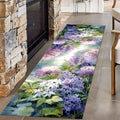 Floral Landscape Runner Rug, 1.3x7ft, Stereoscopic Floral Purple Violet Hydrangea Green Leaf Plants 3D Illusion Hallway Rug, Easy Clean Low Pile No Crease Carpet for Porch Kitchen