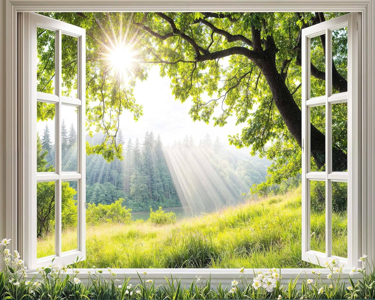 15x10ft Spring Tree Backdrops for Photography Window Floral Backdrop Spring Flowers Floral Backdrop Garden Nature Scene Background Portrait Photo Props Bridal Shower Birthday Party Banner