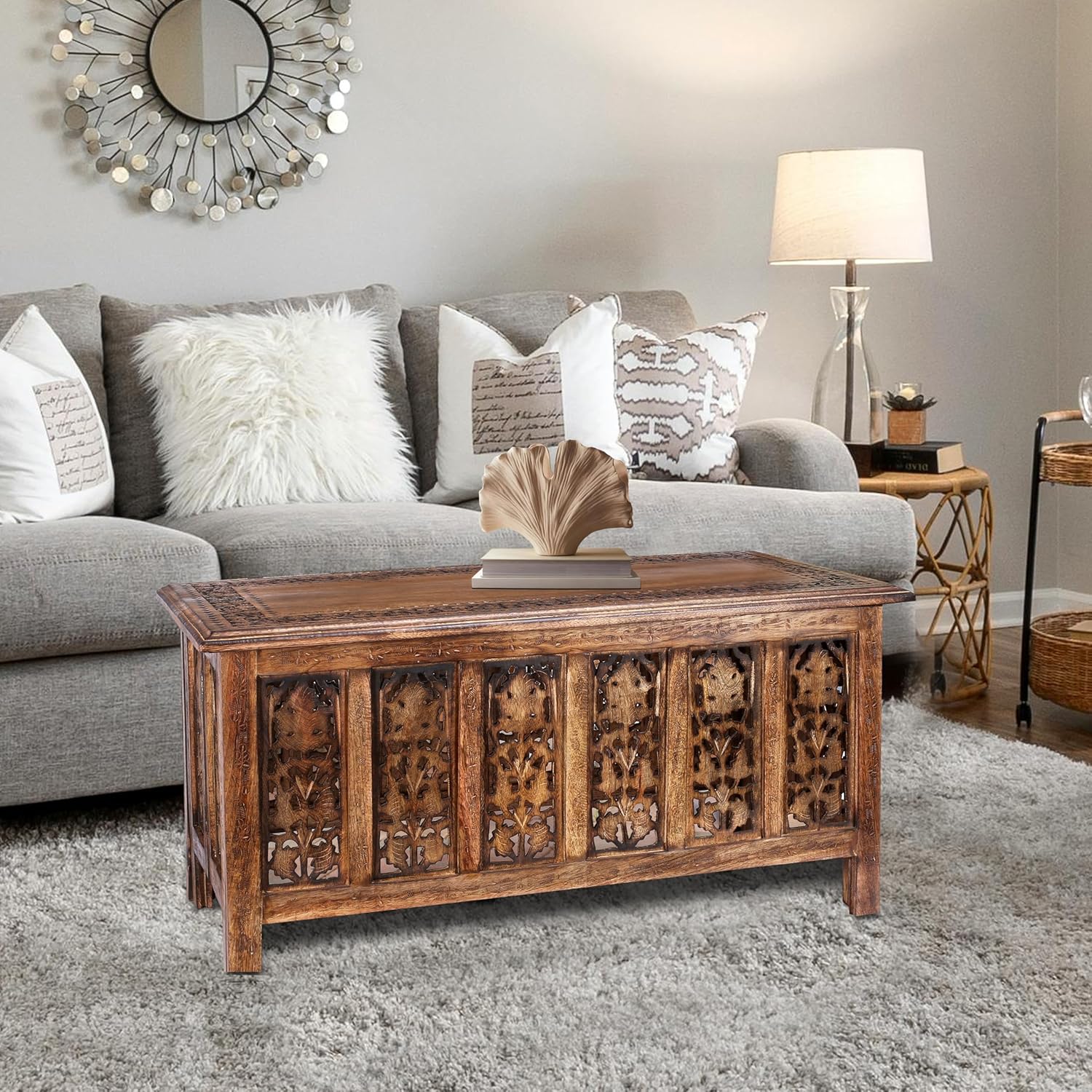 Wooden Coffee Table 36x18 Inch – Hand-Carved Solid Wood Center Table, Vintage Burnt Finish Modern Coffee Table for Living Room, Entryway Table for Magazines, Books & Plants