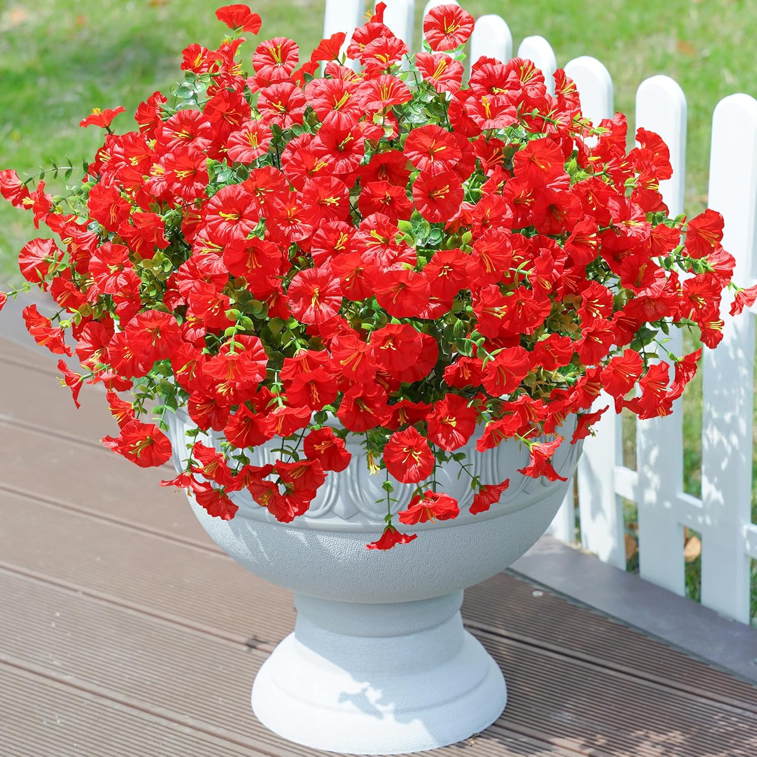 Artificial Flowers Fake Plants for Outdoors Decoration, 12 Bundles Red Silk Morning Glory with Eucalyptus Realistic UV Resistant Faux Flowers Greenery for Outside Planter Yard Garden Home Indoor Patio