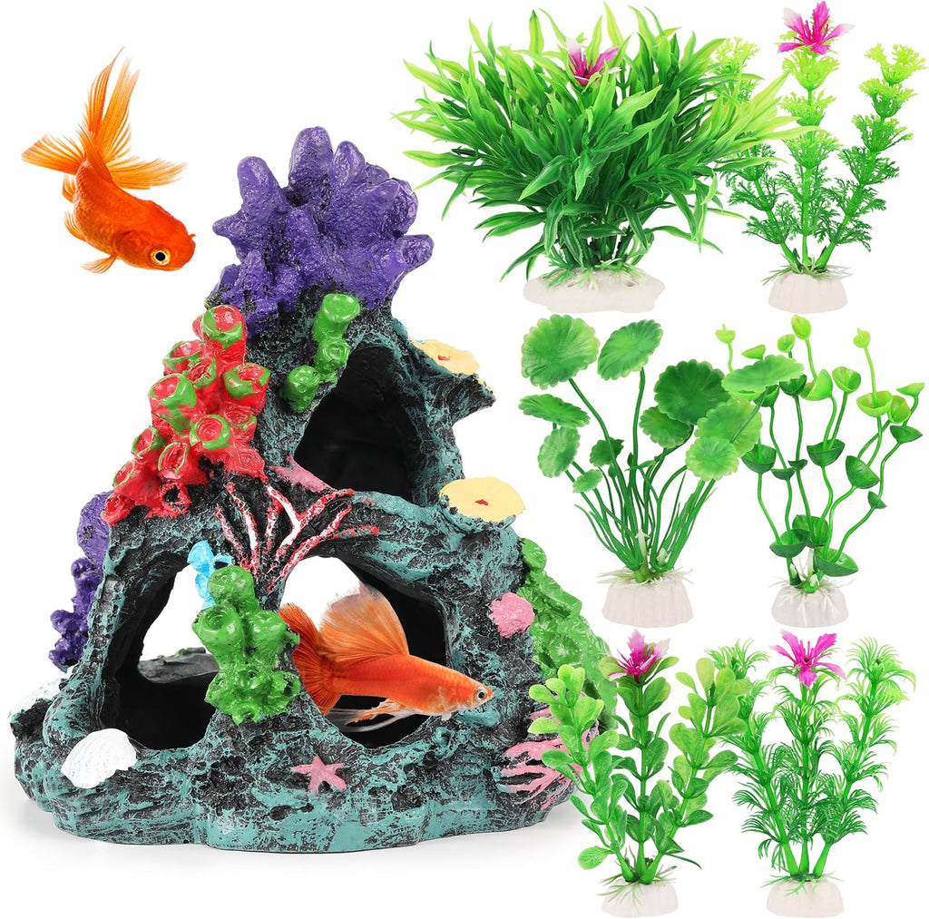 MyLifeUNIT Fish Tank Decorations, 7 Pieces Aquarium Plants Set with Coral Reef Decoration Mountain Cave Ornament for Betta, Goldfish, Shrimp to Breed, Play and Rest (Green)