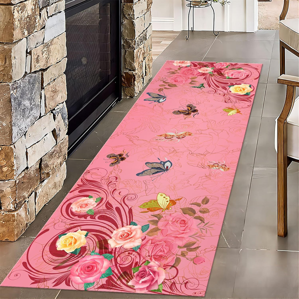 Butterfly Flower Carpet, 2x10ft, Modern Art Peony Flower Hallway Runner Rug, Durable Machine Washable Carpet for Entryway, Shed Resistant Low Pile Pet Friendly Mat for Sofa Bedside