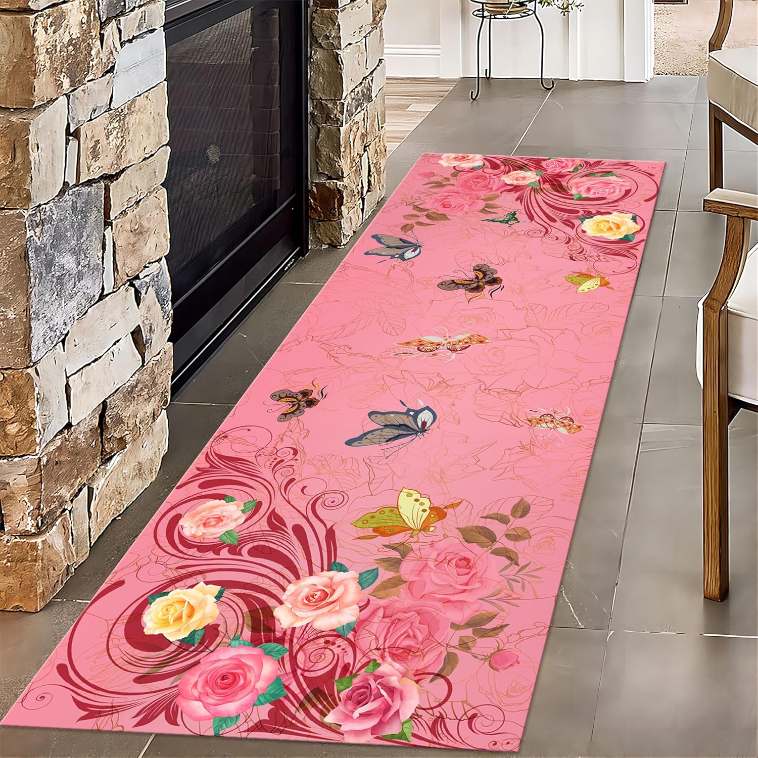 Butterfly Flower Carpet, 2x8ft, Modern Art Peony Flower Hallway Runner Rug, Durable Machine Washable Carpet for Entryway, Shed Resistant Low Pile Pet Friendly Mat for Sofa Bedside