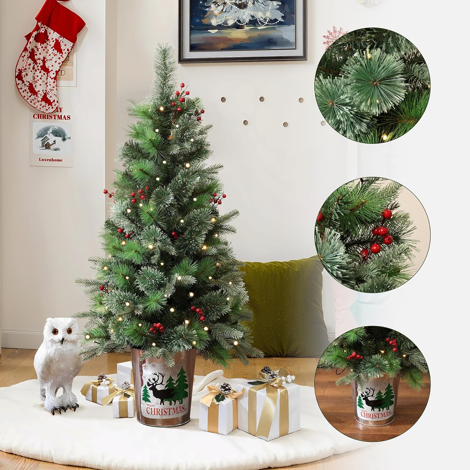 LuxenHome 4FT Small Christmas Tree, Battery Operated Potted Christmas Trees with 70 Warm White LED Lights, Slim Xmas Tree with Red Berries and Metal Pot for Entryway, Livingroom Holiday Display