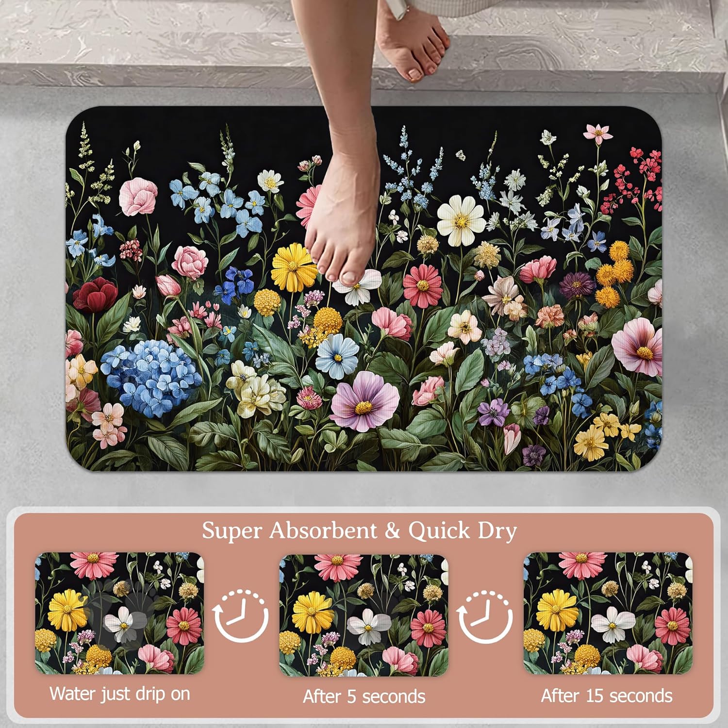 Bath Mat,Wildflowers Bathroom Rugs,Quick-Drying Non-Slip Rubber Bath Mats Botanical Absorbent Diatomaceous Earth Mat for Bathroom Home Decor 17"x29.5"