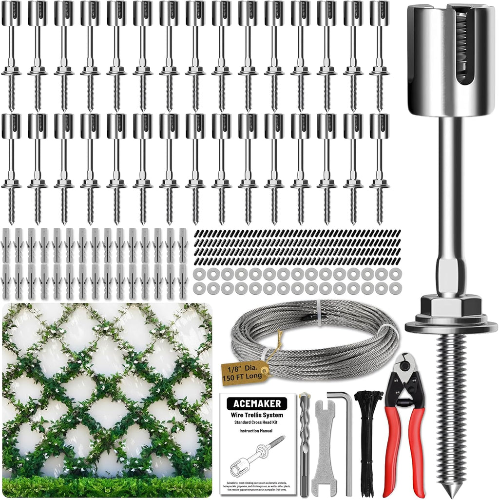 Wire Trellis for Climbing Plants Outdoor, 30-Set Wall Wire Trellis Kit with 1/8in x 150ft Stainless Steel Cable & Cutter, T316 Espalier System for Fence and Garden DIY Projects