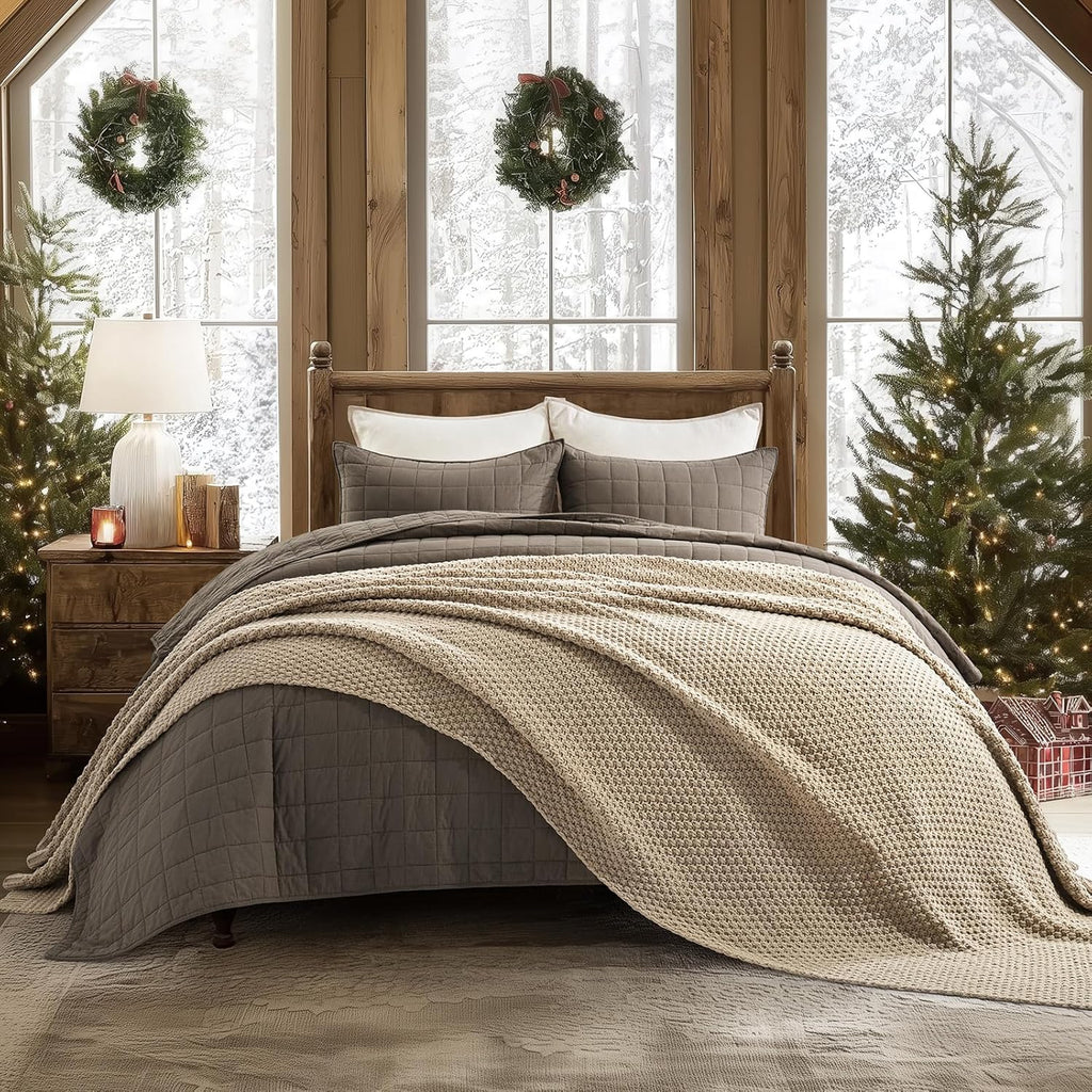 EVERGRACEHOME Chunky Chenille Knit Throw Blanket for Couch, Soft Luxurious Oversized Queen Moss Stitch Blanket for Bed, Large Cozy Farmhouse Knitted Throw for Sofa, Sand Dune, 90" x 90"